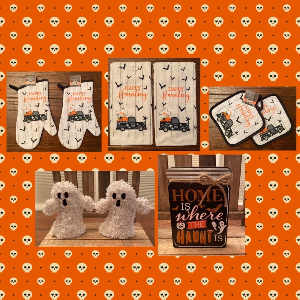 Halloween Ghost Kitchen Towels, Ghost Tinsel Decor & Ghost Tier Tray Decor Set